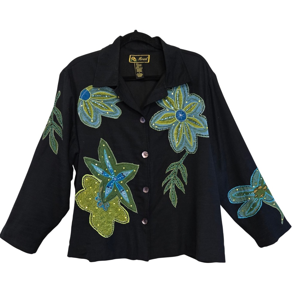 Mirasol Chic Black Floral Applique Sequin Beaded Button Front Jacket Womens L